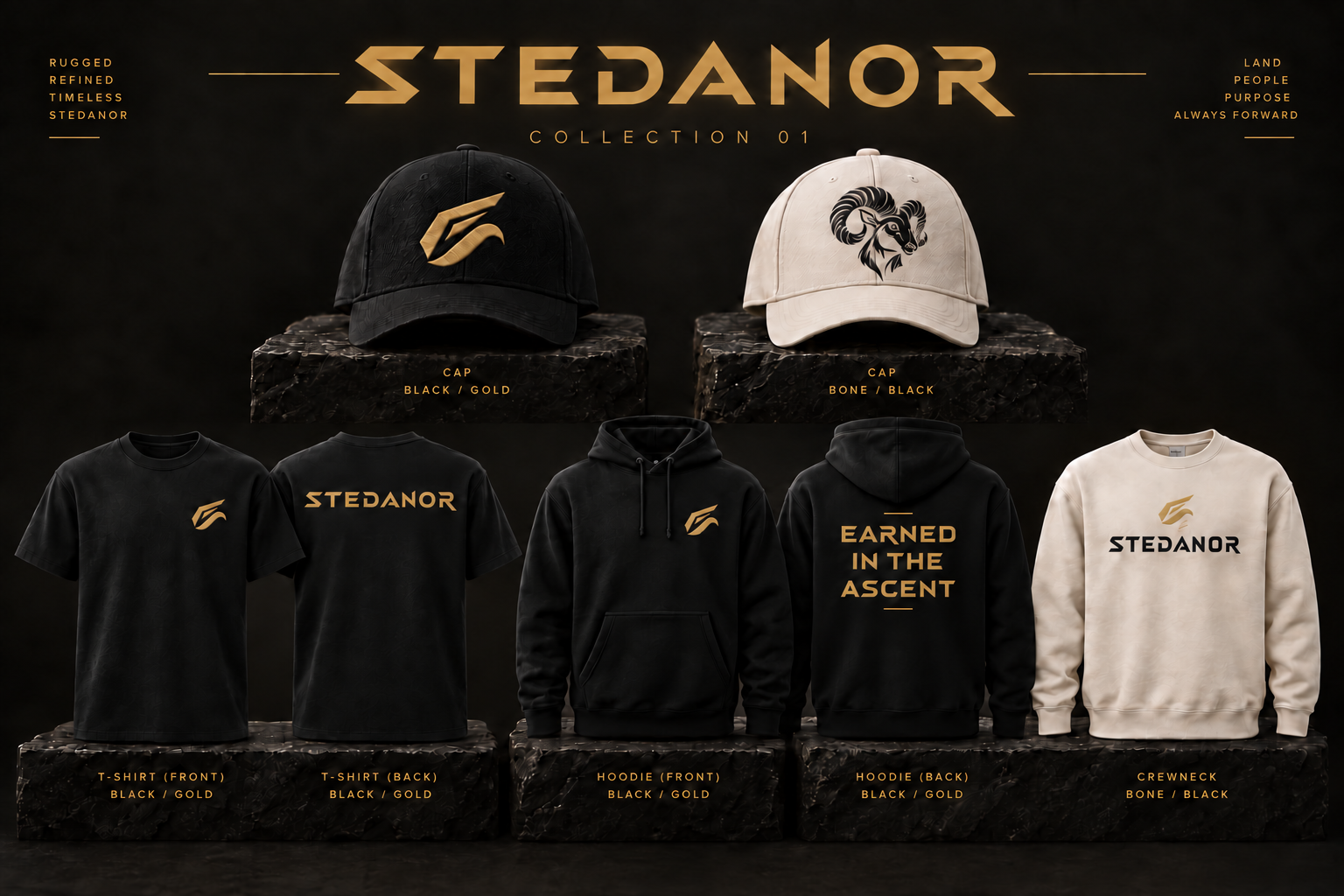 STEDANOR Collection 01 hats, T-shirts, hoodie, and crewneck